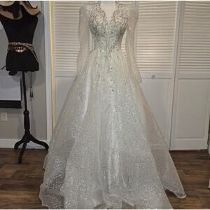 Custom Beaded Lace Up A-line Collared Wedding Dress Sz Small